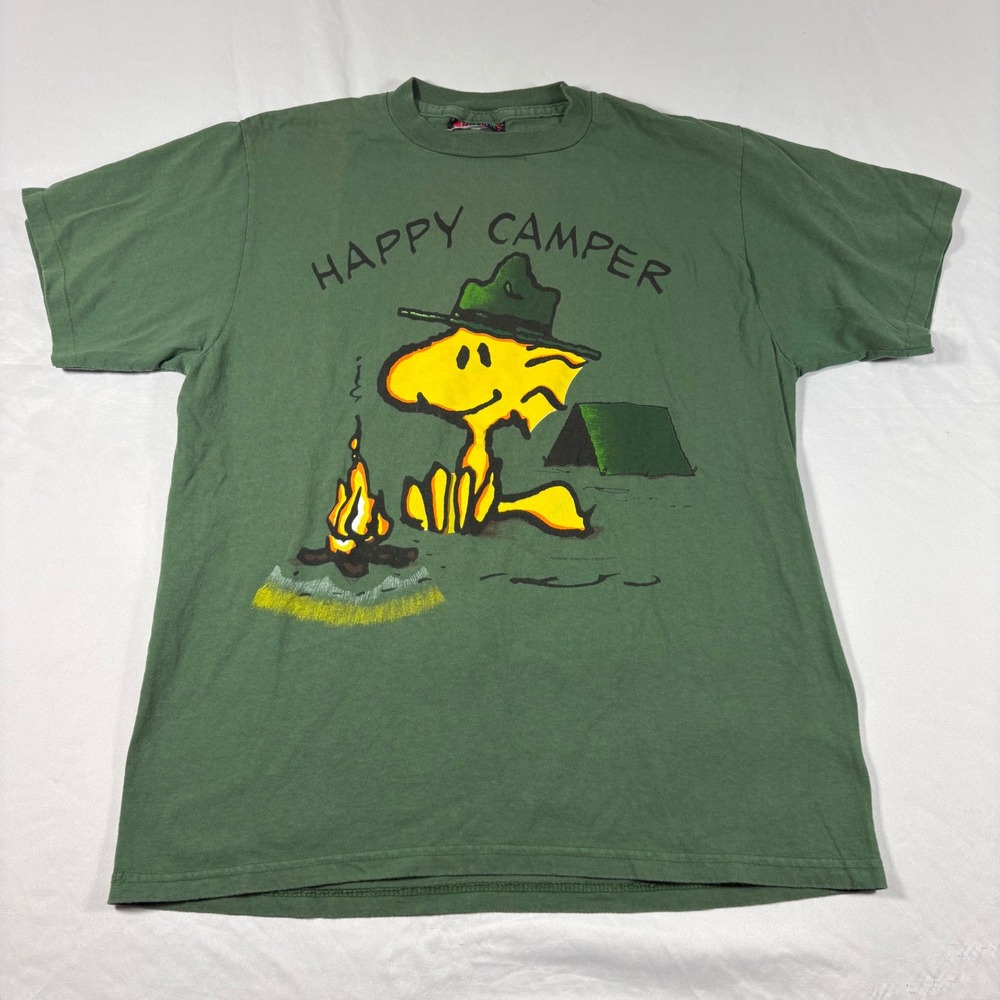 Peanuts Woodstock Happy Camper T-Shirt Green Men's L Vintage 90s Graphic Tee